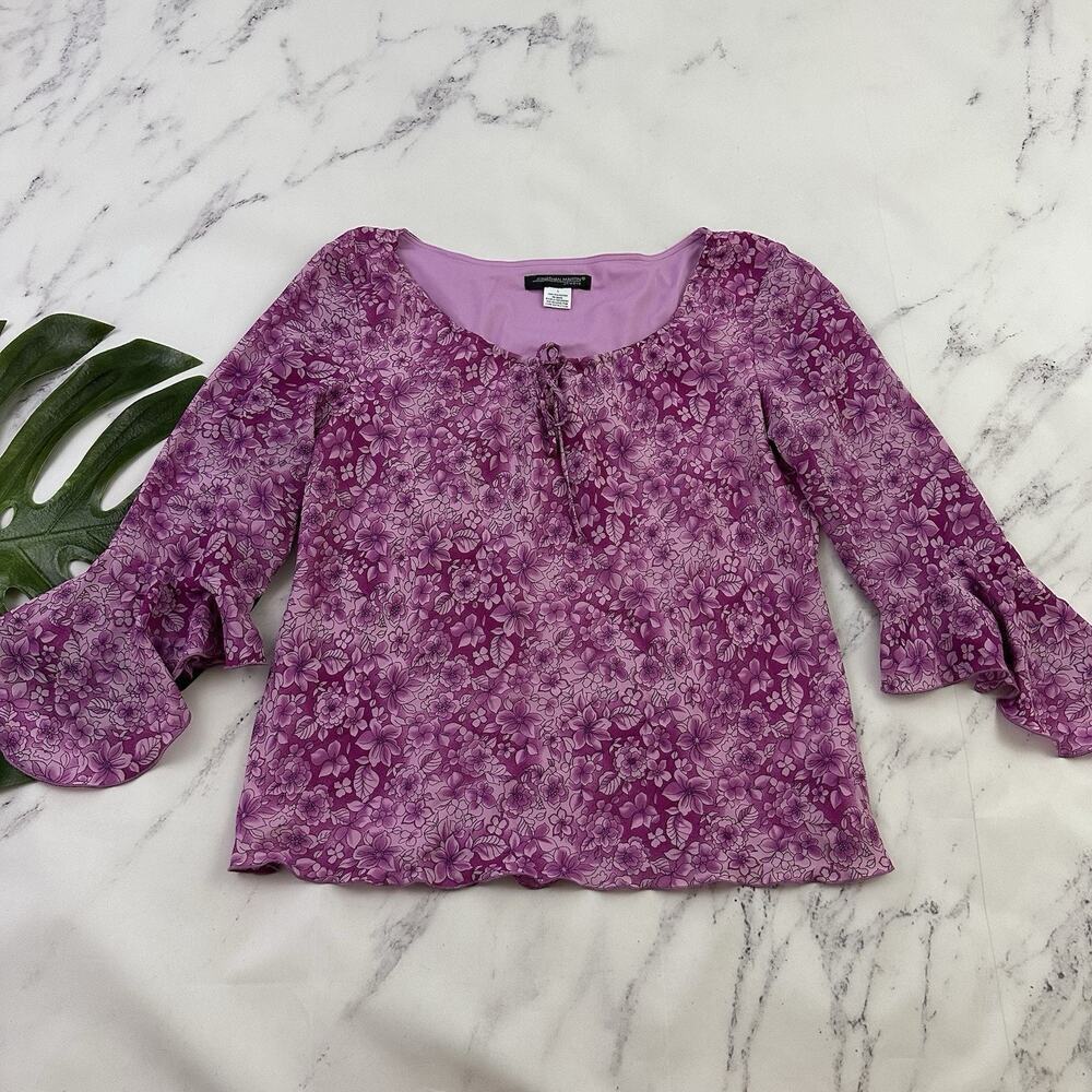 Jonathan Martin Womens Vintage Y2k Top Size L Pink Purple Floral Bell Sleeve